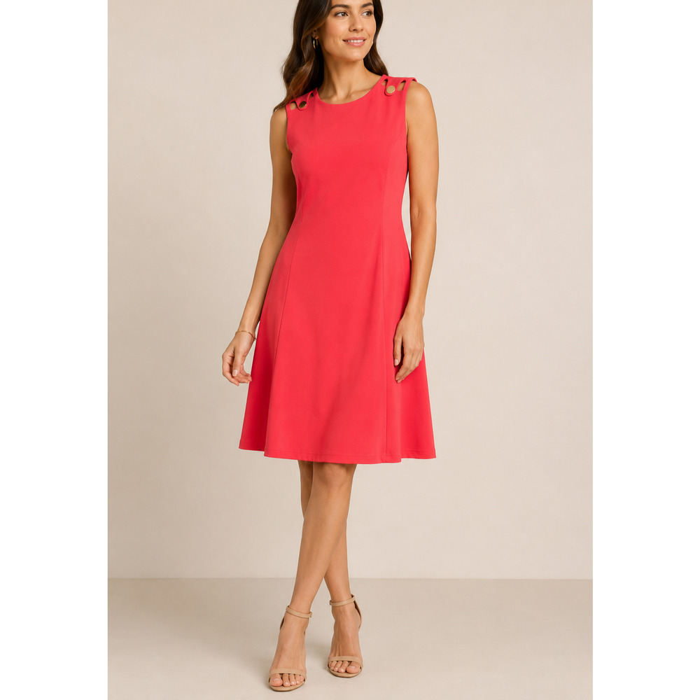Calvin Klein Coral Fit Flare Midi Dress Size 6 Gold Button Detail Sleeveless